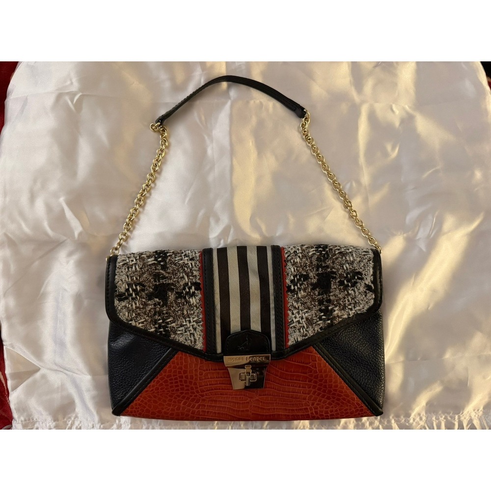 Henri Bendel Mixed-Media Bag inBlack, White, Rust Orange with Gold